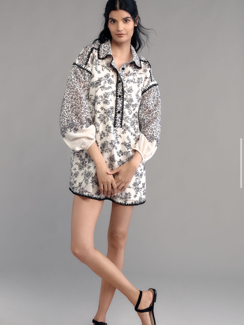 Anthropologie Floral Puff Sleeve Mini Shirt Dress Black Ivory Boho L